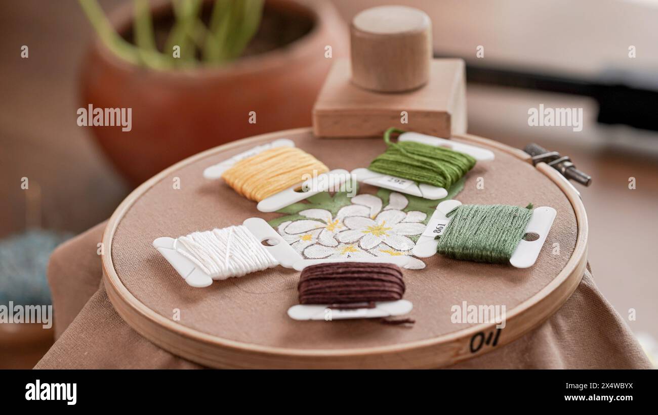 Filettatura e tela: Fiori ricamati a mano fai da te su tessuto verniciato Foto Stock