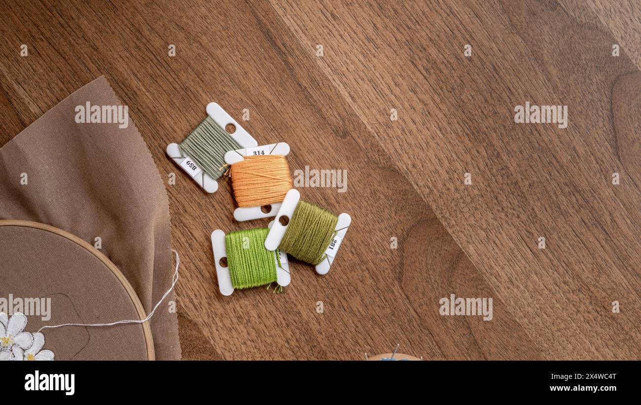 Filettatura e tela: Fiori ricamati a mano fai da te su tessuto verniciato Foto Stock