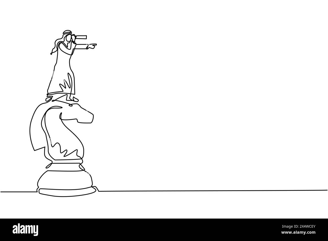 Linea singola continua che disegna un uomo d'affari arabo in cima a un grande pezzo di scacchi a cavallo con un telescopio in cerca di successo, opportunità, affari futuri Illustrazione Vettoriale