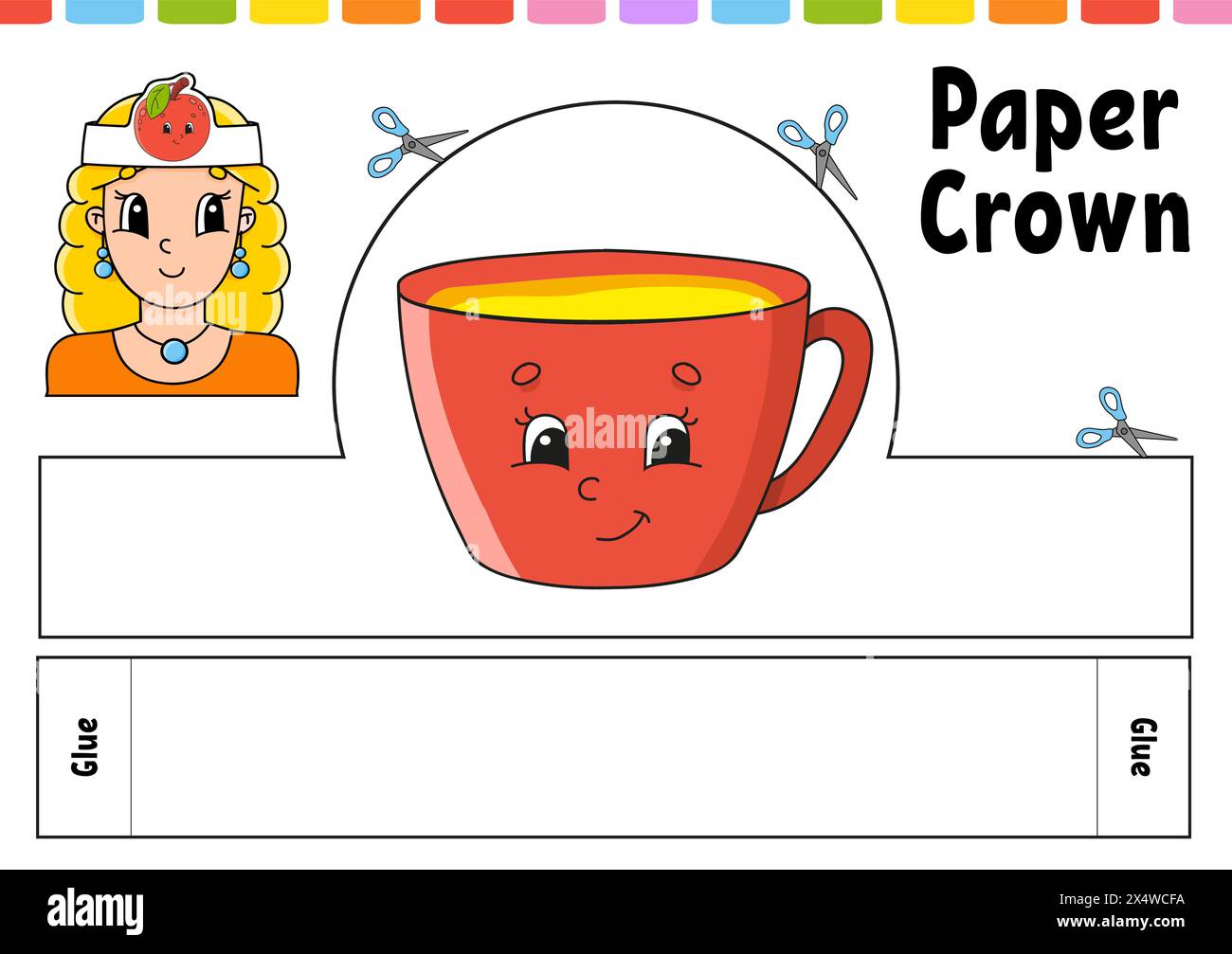 Modello corona in carta per bambini. Per giochi, torte, compleanni, vacanze. Con un carino personaggio dei cartoni animati. Isolato su sfondo bianco. Adatto per la stampa Illustrazione Vettoriale