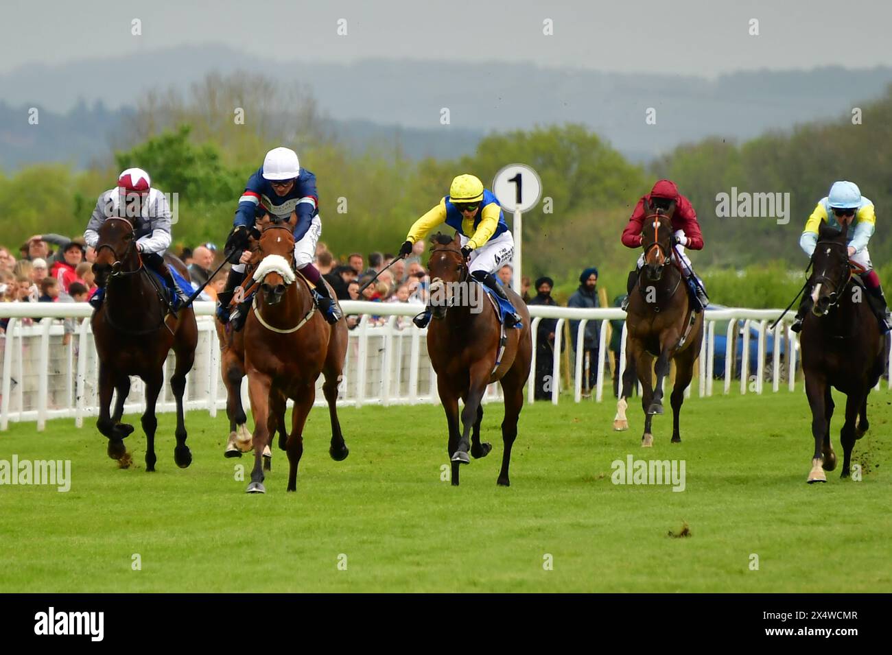 Salisbury, Regno Unito. 5 maggio 2024. La Fast Society, guidata da Rob Hornby (cappello bianco), vince la Side Glance Novice Stakes 3,55 davanti al King's Scholar, guidata da Saffie Osborne (cappello giallo), all'ippodromo di Salisbury, Regno Unito. Crediti: Paul Blake/Alamy Live News. Foto Stock