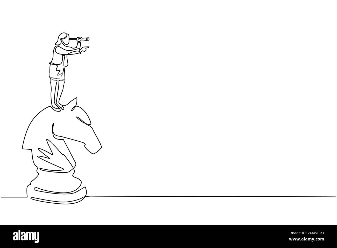 Una sola linea che attira una donna d'affari attiva sopra un pezzo di grande scacchi a cavallo con un telescopio in cerca di successo, opportunità, futuro trend di business Illustrazione Vettoriale