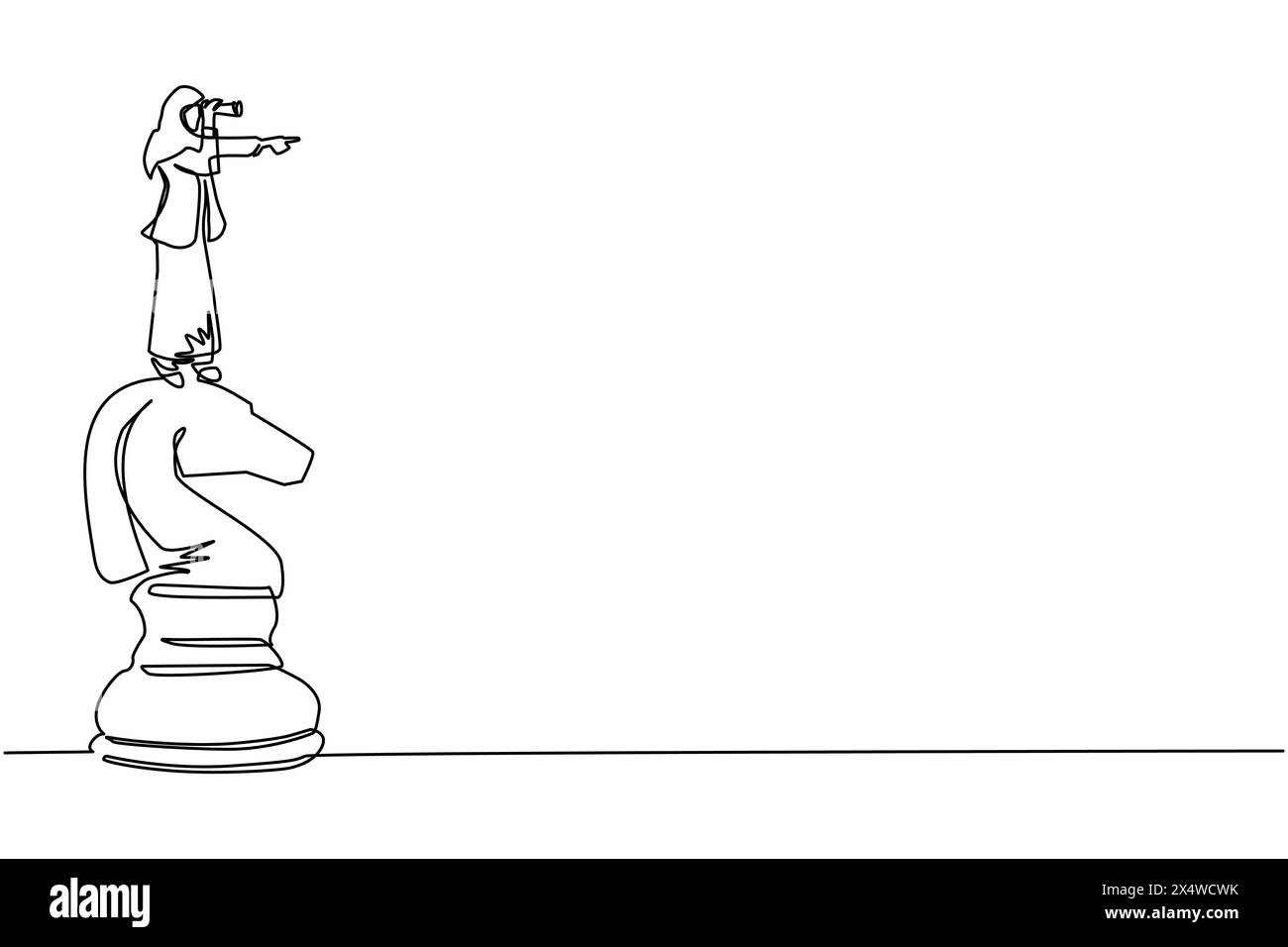 Linea singola continua che disegna una donna d'affari araba su un grande pezzo di scacchi a cavallo con un telescopio in cerca di successo, opportunità, affari futuri Illustrazione Vettoriale