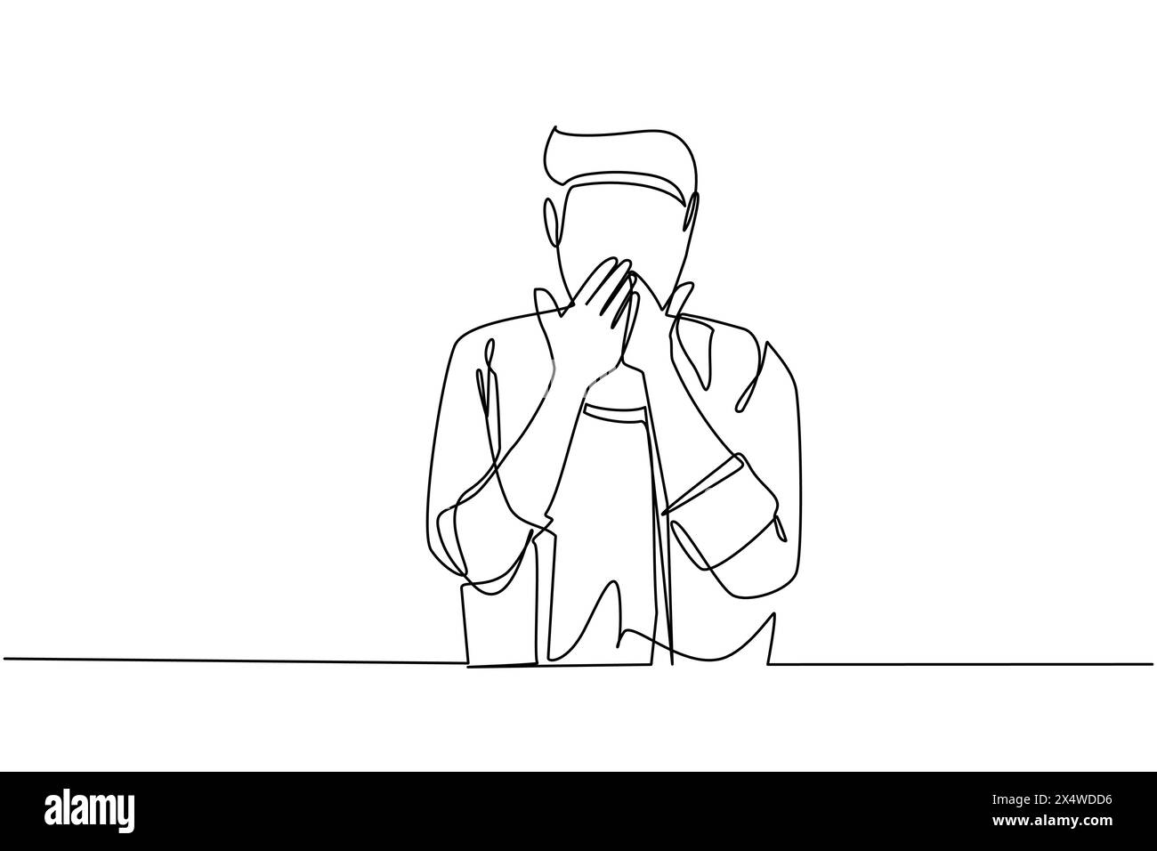 Una linea continua che disegna un uomo che copre la bocca con le mani. Bocca maschile con la mano scioccata di vergogna per errore, espressione di paura, spaventata in silenzio, Illustrazione Vettoriale