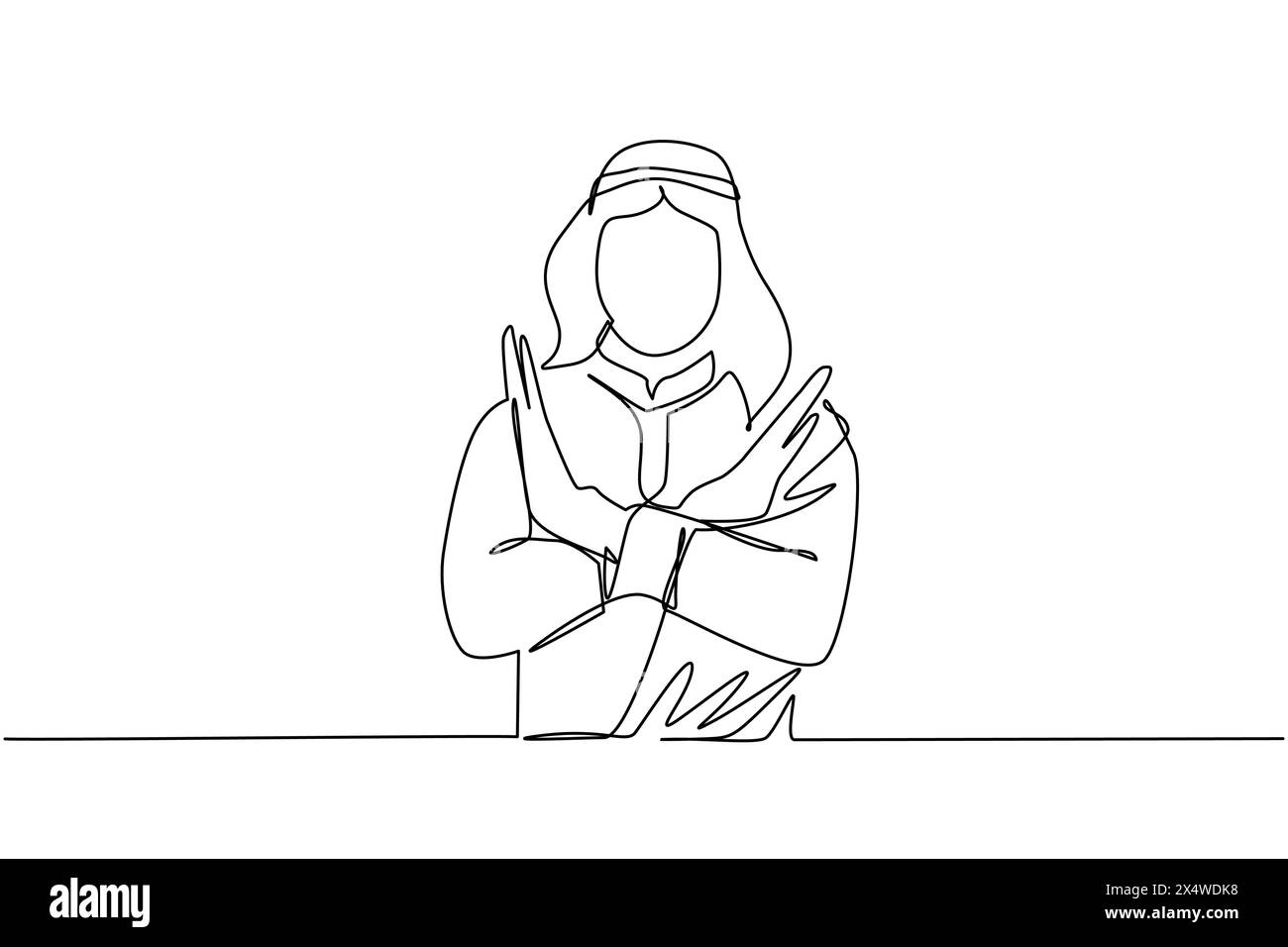 Continua una linea che disegna il giovane arabo che attraversa le braccia e dice di non fare gesto. Persona che crea la forma X, stop con le mani ed espressione negativa. S Illustrazione Vettoriale