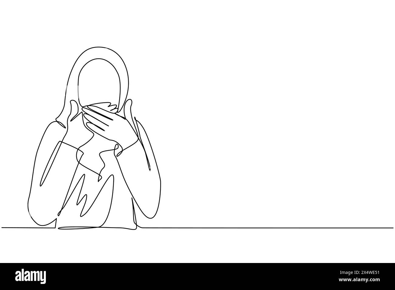 Linea continua che disegna una donna araba che copre la bocca con le mani. Bocca femminile con la mano scioccata dalla vergogna per l'errore, espressione di paura, spaventata Illustrazione Vettoriale