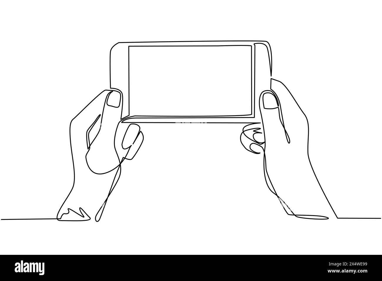 Una sola linea disegnando due mani tenendo il telefono e toccando lo schermo. Streaming di calcio mobile. Partita di gioco sportiva mobile. Partita di calcio online dal vivo Illustrazione Vettoriale