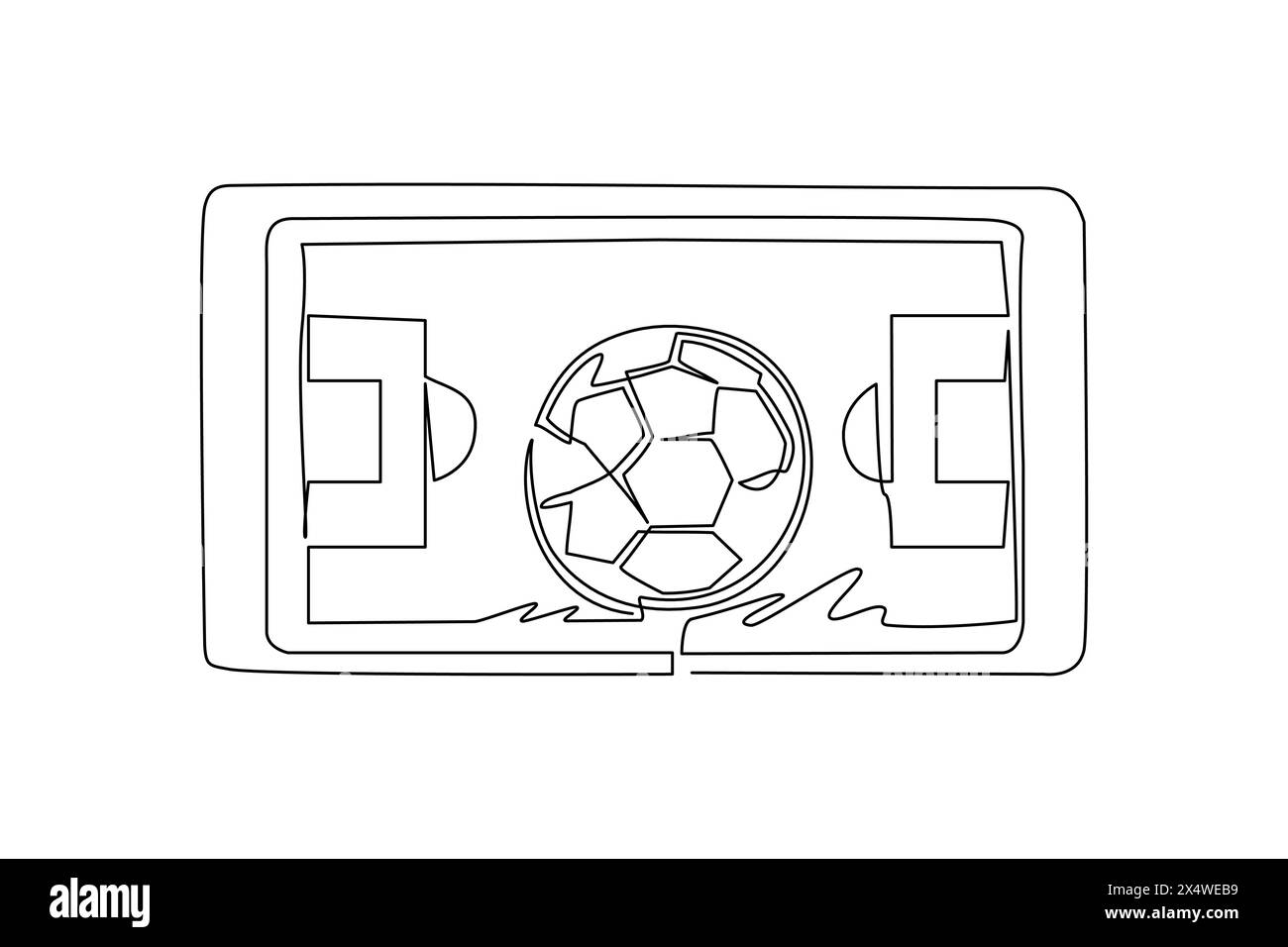 Campo da calcio disegnato su una sola linea e pallone da calcio sullo schermo dello smartphone. Smartphone con app calcio. Streaming sportivo mobile da campionato a. Illustrazione Vettoriale