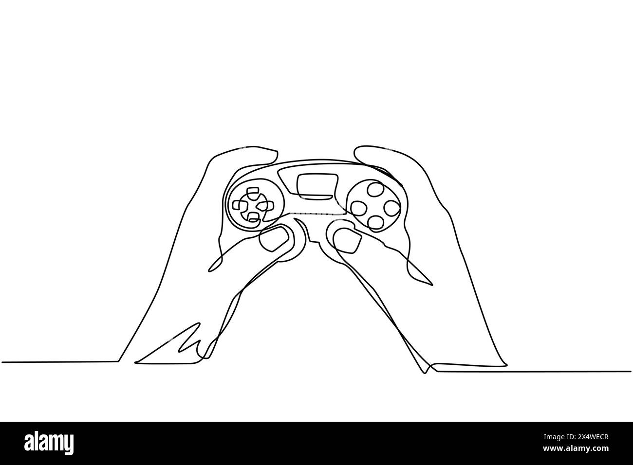 Una sola linea che disegna le mani di un giovane con la console per videogiochi. Giocatore che tiene in mano il gamepad. Uomo che gioca a videogame. Tempo libero a casa. Conti Illustrazione Vettoriale