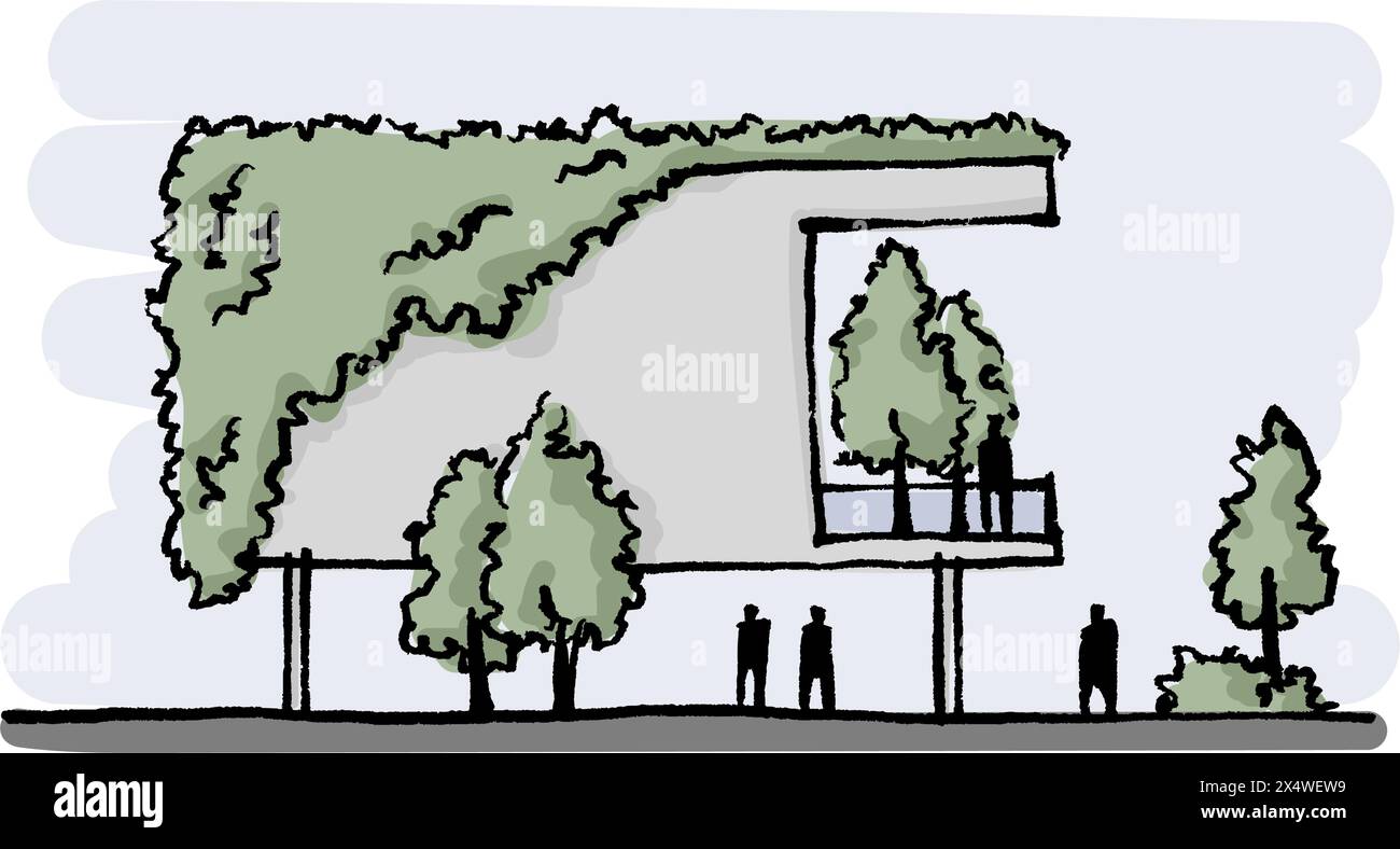 Disegno a mano di cartoni animati di edifici con piante, alberi con persone. Architettura ecologica, concetto di sostenibilità Illustrazione Vettoriale