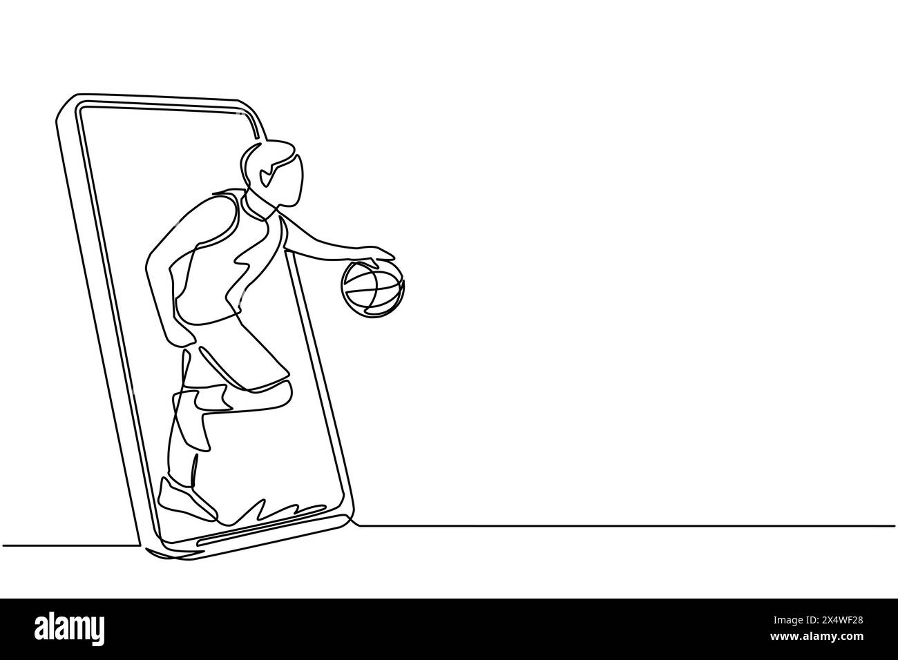 Linea singola continua che attira il giocatore di basket che corre e dribbling con la palla fuori dallo schermo dello smartphone. Smartphone con app basket. Dinamica Illustrazione Vettoriale
