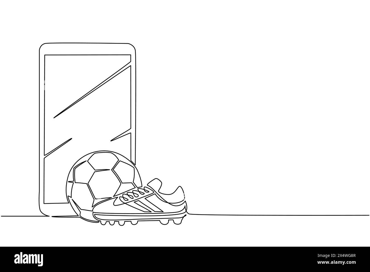 Linea singola continua disegnando smartphone, scarpe da calcio e pallone da calcio. Icona del calcio. Stivali da calcio. Inventario sportivo. Partite di calcio online Illustrazione Vettoriale