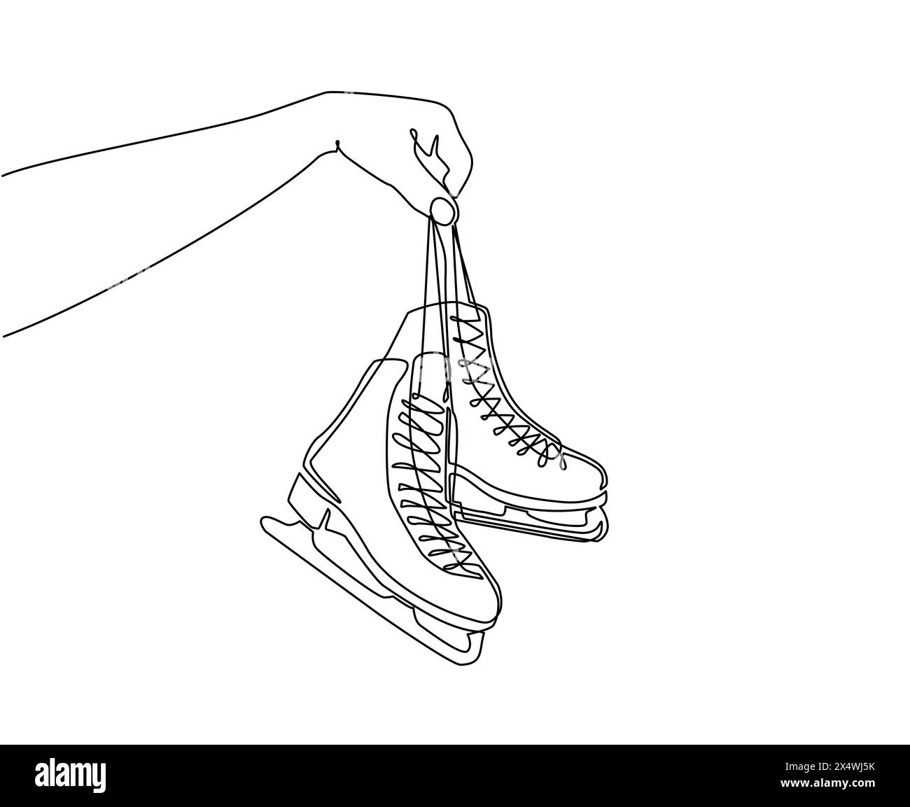 Una ragazza che disegna una linea continua porta i pattini nelle sue mani. Donna con pattini di ghiaccio disegnati a mano, isolati su sfondo bianco. Pattinaggio. Inverno Illustrazione Vettoriale