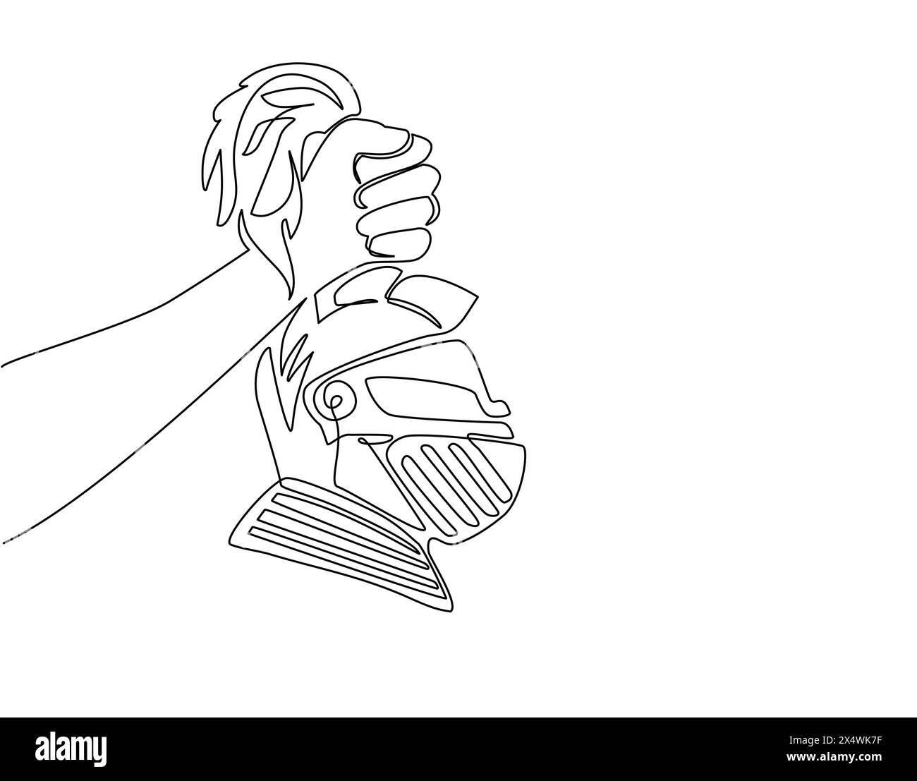 Una linea continua che disegna a mano tenendo in mano un casco da cavaliere spartano, un'armatura. Cavaliere guerriero medievale in un casco armato con visiera e piumaggio, araldo Illustrazione Vettoriale