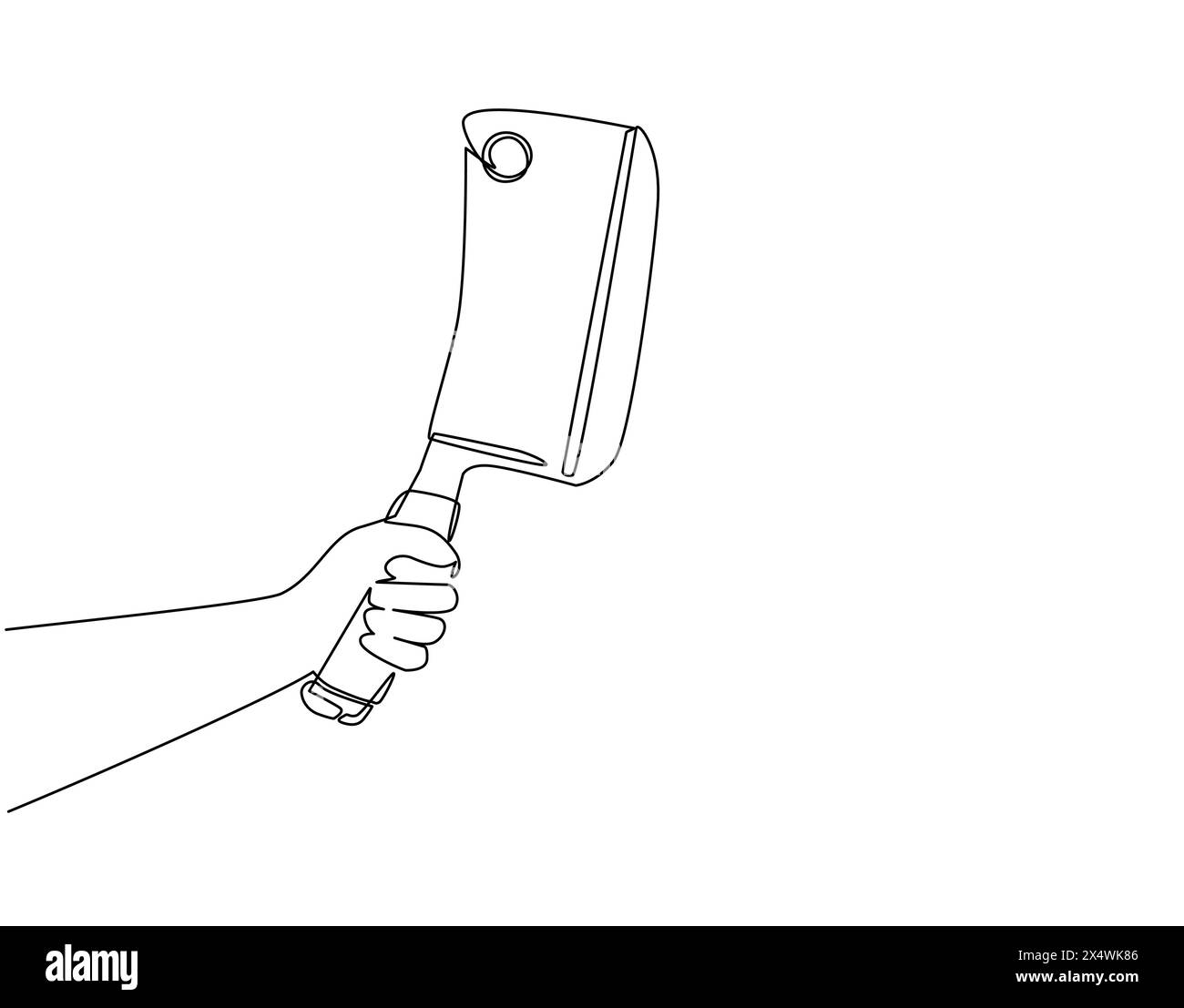 Linea singola continua che disegna a mano tenendo in mano la taglierina per la cucina della carne, il coltello da macellaio. Affilato, utensile. Concetto di attrezzatura. Cleaver usato per argomenti come la cucina, Illustrazione Vettoriale