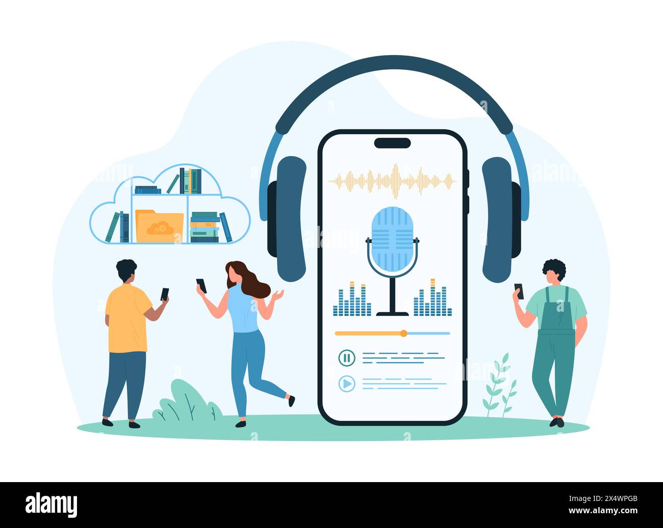 Audiobook digitale, musica e guida online. Le persone più piccole leggono libri dalla libreria della libreria cloud, ascoltano e registrano il suono delle note utilizzando l'app mobile per microfono e le cuffie illustrazioni vettoriali dei cartoni animati Illustrazione Vettoriale
