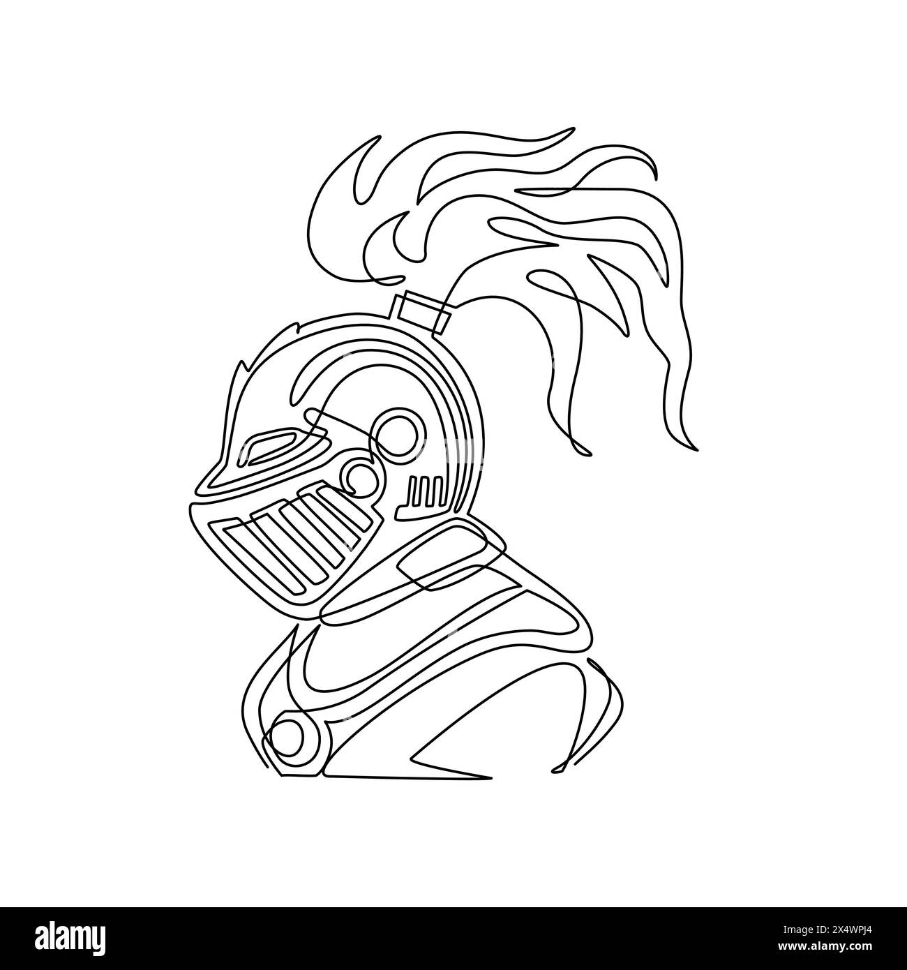 Una sola linea che disegna il cavaliere guerriero medievale nel casco. Logo, emblema, icona. Cavaliere guerriero medievale in un casco armato con visiera e piumaggio, araldo Illustrazione Vettoriale