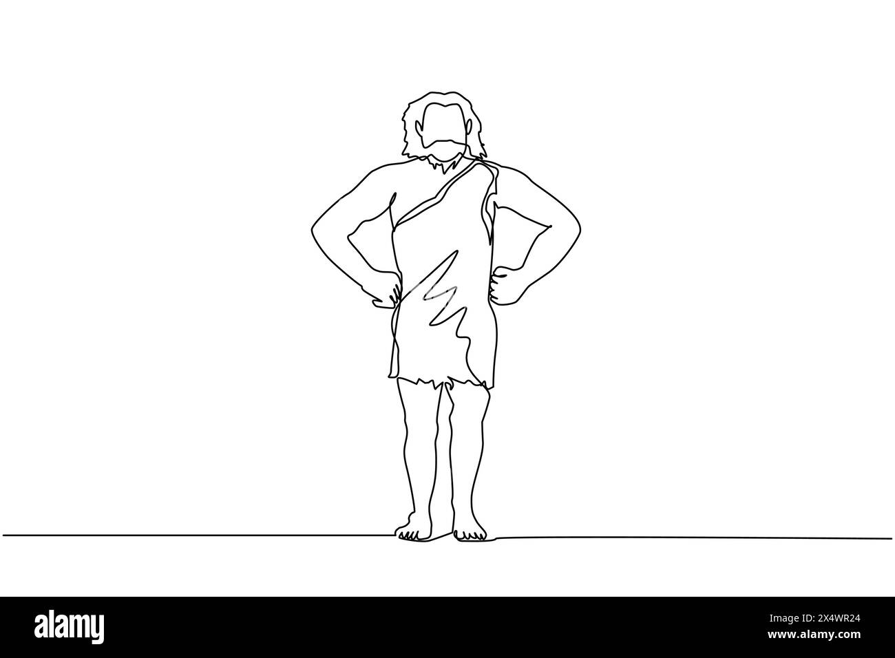 Una sola linea che disegna un uomo preistorico in piedi con le mani sulla vita. Uomo barbuto preistorico, primitivo uomo di caverna dell'età della pietra in cartone animato di pellicce di animali Illustrazione Vettoriale