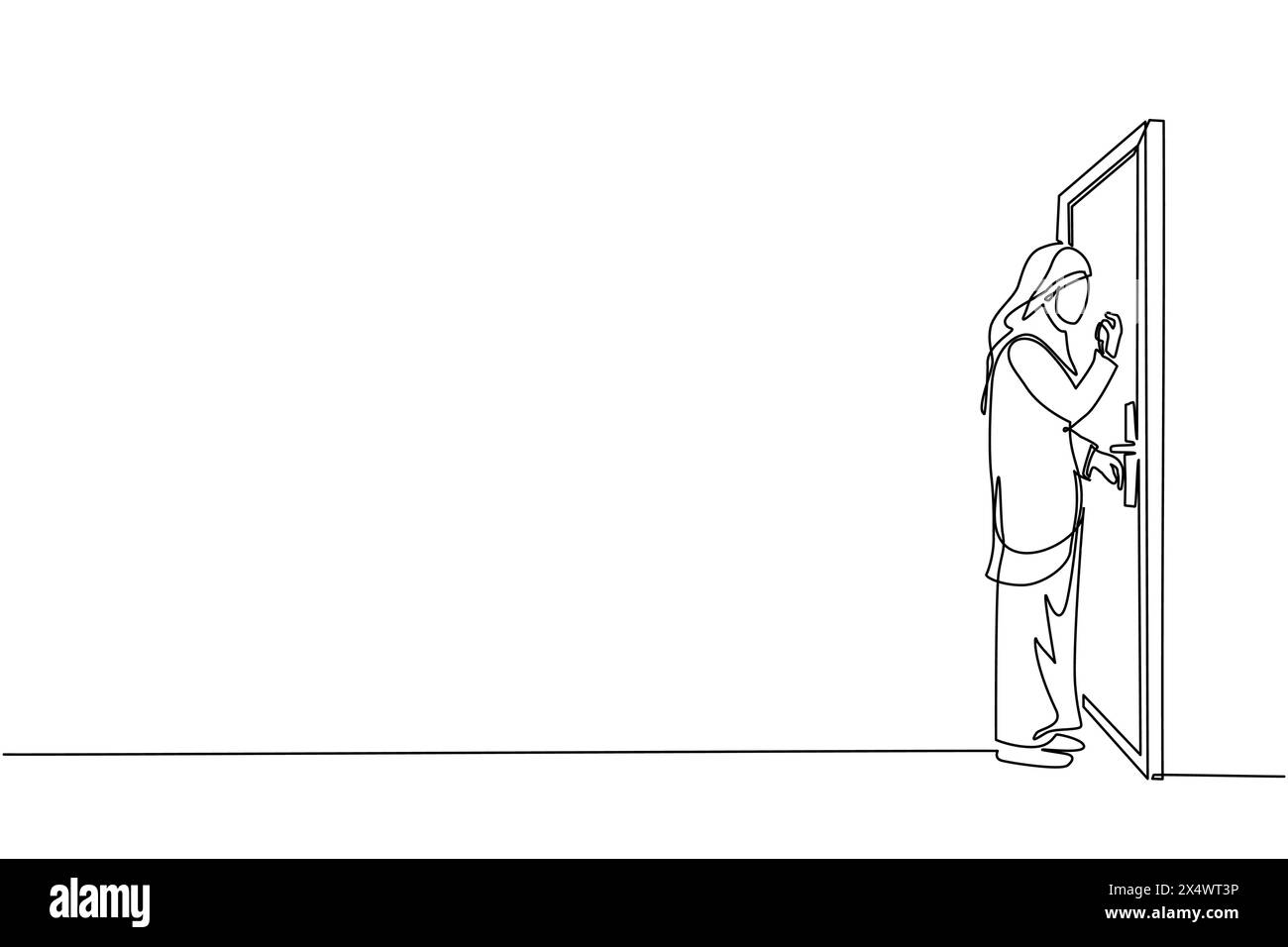 Una sola linea che attira una donna d'affari araba che bussa alla porta. Donna in piedi all'ingresso della stanza che bussa alla porta. Una donna in affari blazer sta bussando a Illustrazione Vettoriale