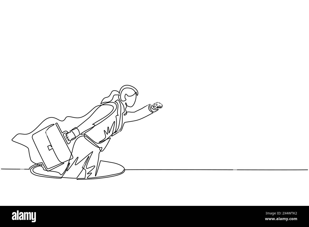 Una sola linea che disegna una donna d'affari volante con ala e valigetta in uscita dai buchi. Donna che guida l'aumento finanziario dal buco. Crescita aziendale co Illustrazione Vettoriale