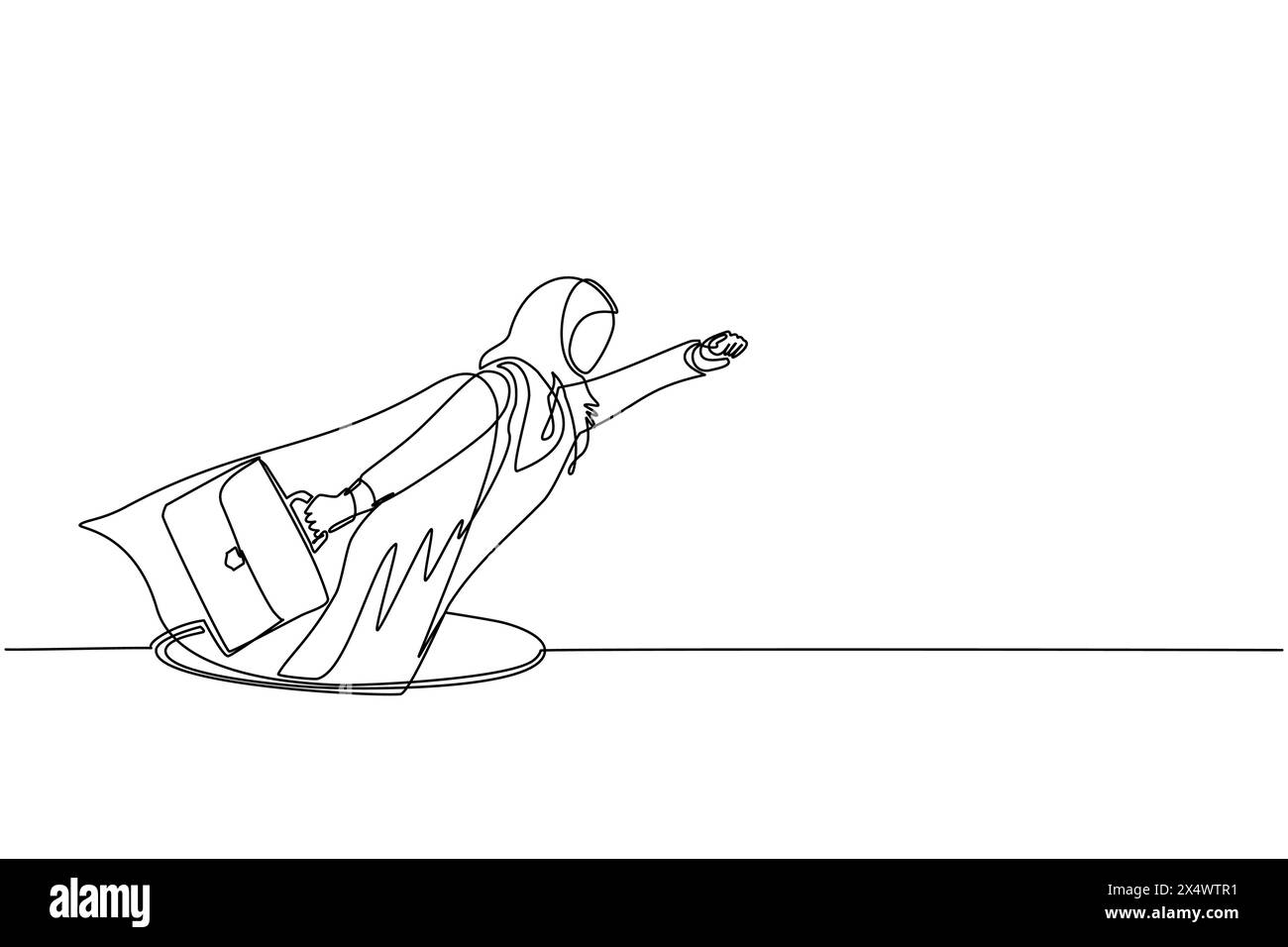 Una linea continua che disegna una donna d'affari araba volante con ala e valigetta in uscita dai buchi. Donna che guida l'aumento finanziario dal buco. Busine Illustrazione Vettoriale