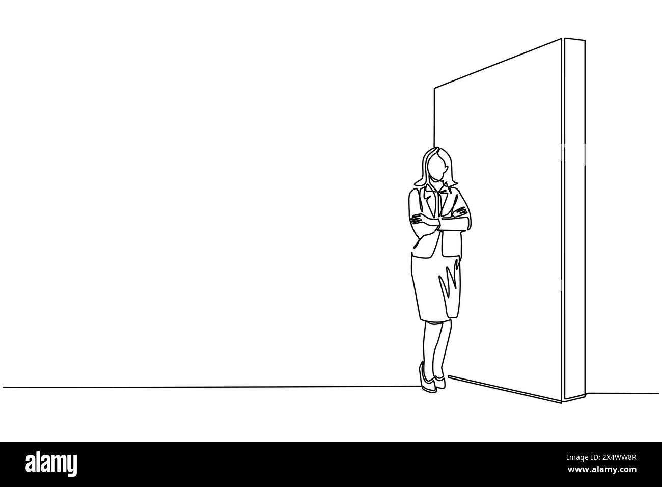 Una linea continua che attira una giovane donna d'affari in piedi e appoggiata al muro, pensando a una nuova azienda commerciale. Intera lunghezza o corpo. Si Illustrazione Vettoriale