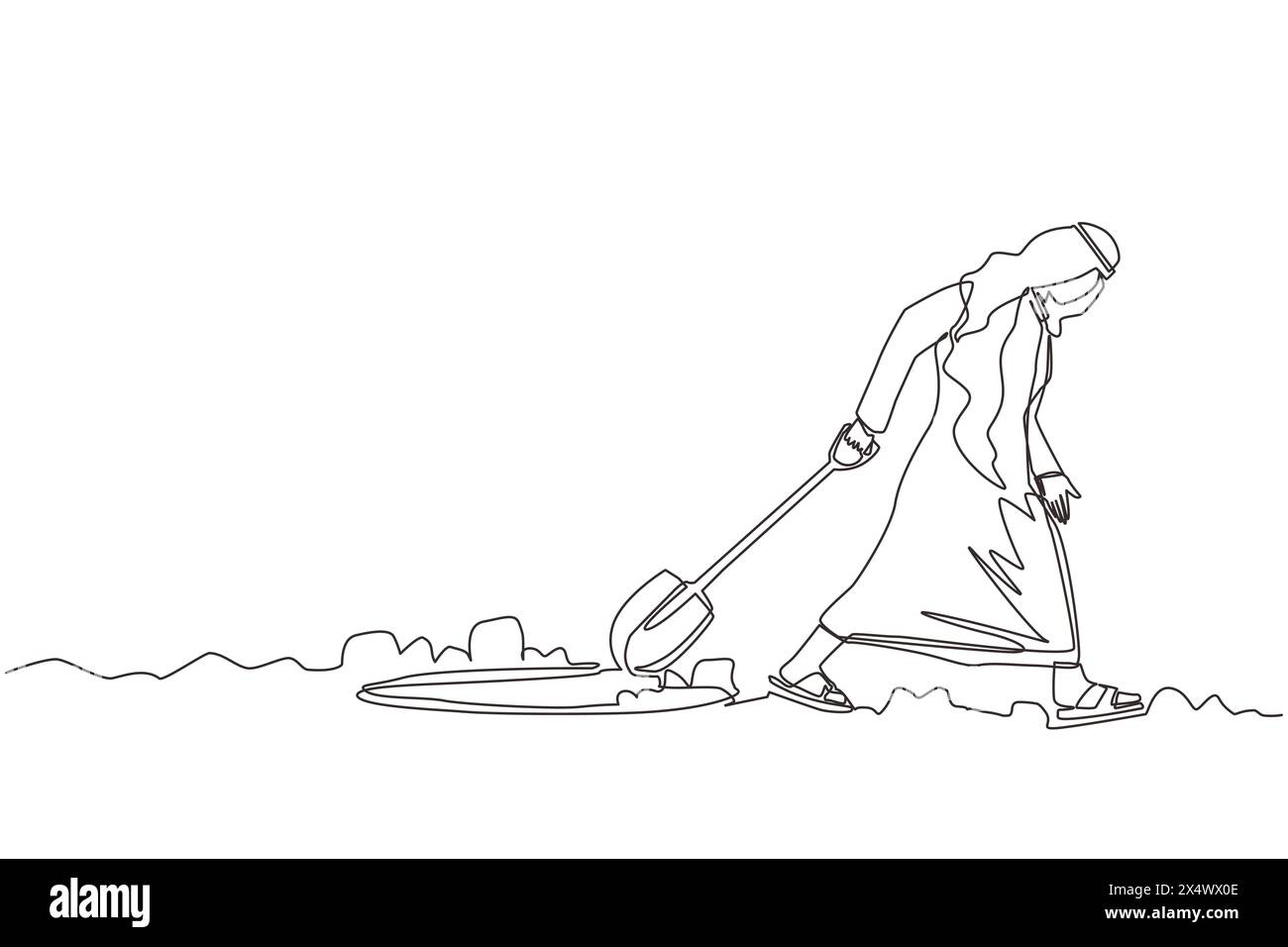 Linea singola continua che disegna un uomo d'affari arabo che cammina in modo irregolare lasciando la pala scavata nel buco. Un uomo scavava nel tunnel cercando di arrivare a Goal. Ha dato Illustrazione Vettoriale