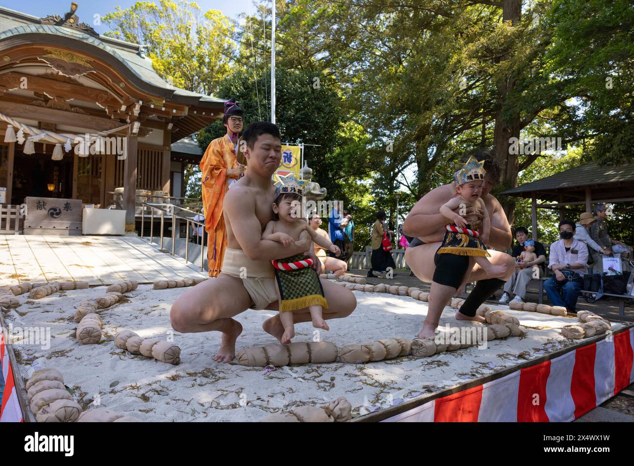 Yokohama, Giappone. 5 maggio 2024. I lottatori di sumo posano con bambini che piangono per i loro genitori dopo il loro Nakizumo match. Nakizumo, in inglese chiamato 'Crying Baby Festival' è fatto in nome della benedizione del bambino come "naku ko wa sodatsu" che si traduce in "i bambini piangono crescere", il che significa che i bambini che piangono crescerebbero forti e sani. Nakizumo serve anche a scacciare gli spiriti maligni e viene eseguito all'interno dei santuari shintoisti. Credito: SOPA Images Limited/Alamy Live News Foto Stock