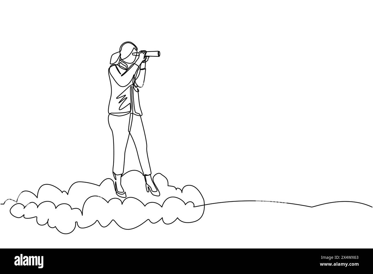 Una linea continua che attira una donna d'affari che viaggia su un'alta nuvola con un telescopio o un binoculare per cercare un visionario aziendale. Visione di leadership da vedere Illustrazione Vettoriale