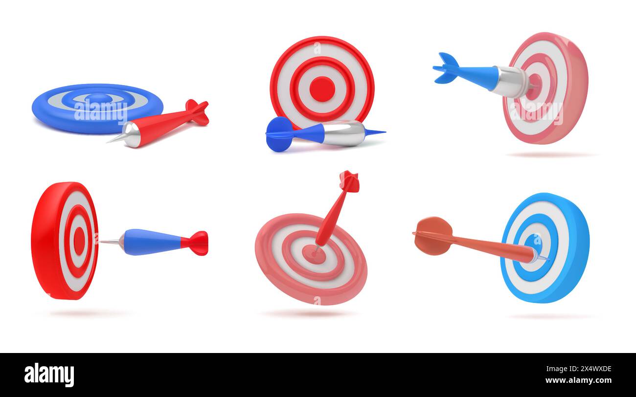 target 3d. Icona del dardo obiettivo visuale da angolazioni diverse, freccia della strategia di gioco aziendale per il tabellone del cliente, colpo sportivo o punto. Rendering dell'elemento isolato. Concetto di illustrazione vettoriale mirata al marketing efficace Illustrazione Vettoriale