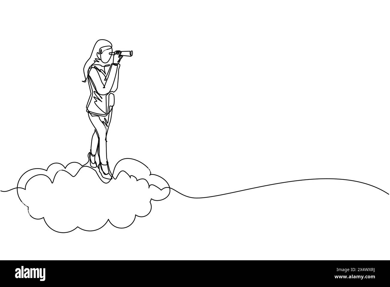 Linea singola continua che disegna una donna d'affari araba che cavalca un telescopio o un binoculare per cercare un visionario commerciale. Visione di leadership Illustrazione Vettoriale