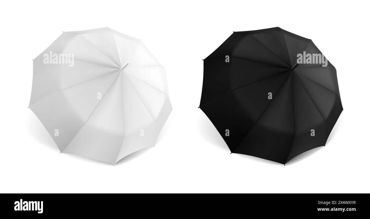 Ombrello realistico. Modello per ombrelloni per il branding. Vista dall'alto della tettoia solare impermeabile aperta. Design bianco e nero. Tempo piovoso. Tende automatiche. Elegante set di accessori 3D con protezione contro la pioggia vettoriale Illustrazione Vettoriale