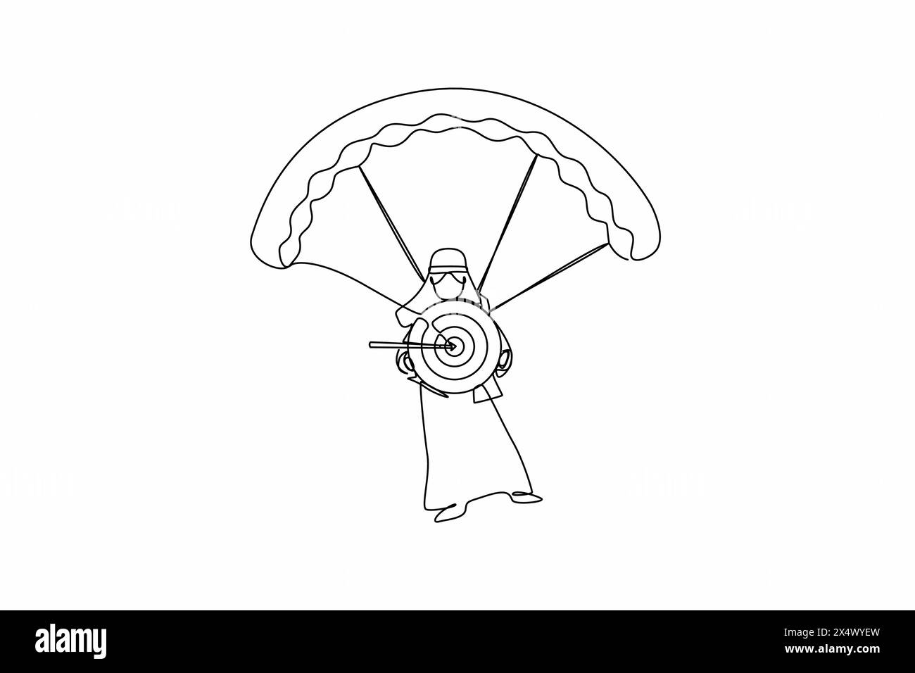 Una linea continua che attira un uomo d'affari arabo che tiene il bersaglio con la freccia nel mirino e salta con il paracadute. Definizione degli obiettivi. Obiettivo intelligente. Attività t Illustrazione Vettoriale