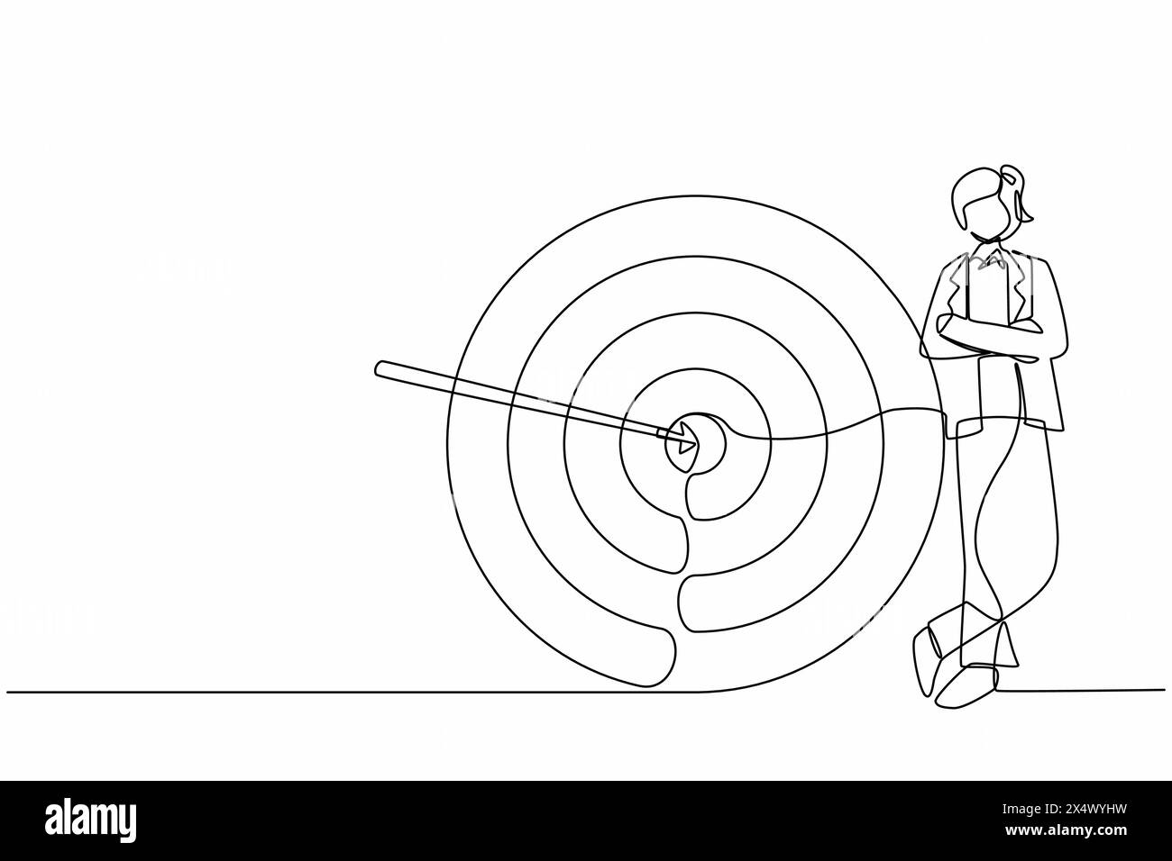 Una linea continua che attira una donna d'affari o un manager in piedi accanto al bersaglio. La freccia ha colpito esattamente il bersaglio. Strategia aziendale di successo, idea di marketing Illustrazione Vettoriale