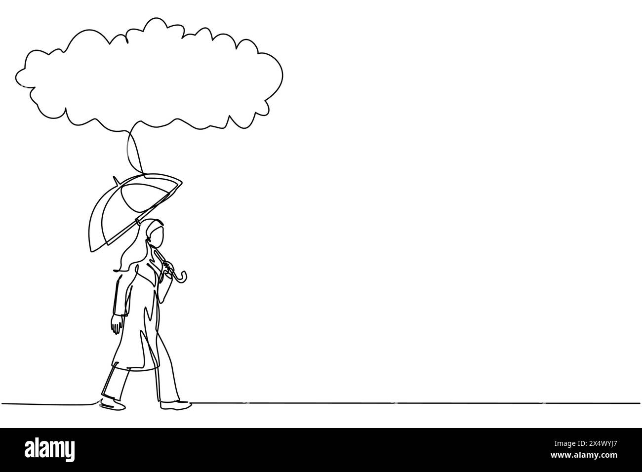 Una sola linea che disegna una donna d'affari araba con valigetta e supporto per ombrello sotto la nuvola di pioggia. Depressione, passante con il tempo piovoso. Donna inzuppata, Illustrazione Vettoriale