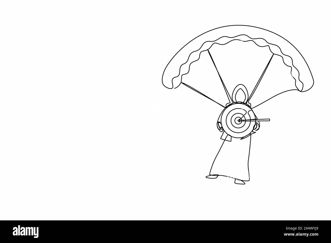 Una sola linea che attira una donna d'affari araba che tiene il bersaglio con la freccia nel busto e salta con il paracadute. Obiettivo finanziario aziendale concetto minimo. Illustrazione Vettoriale