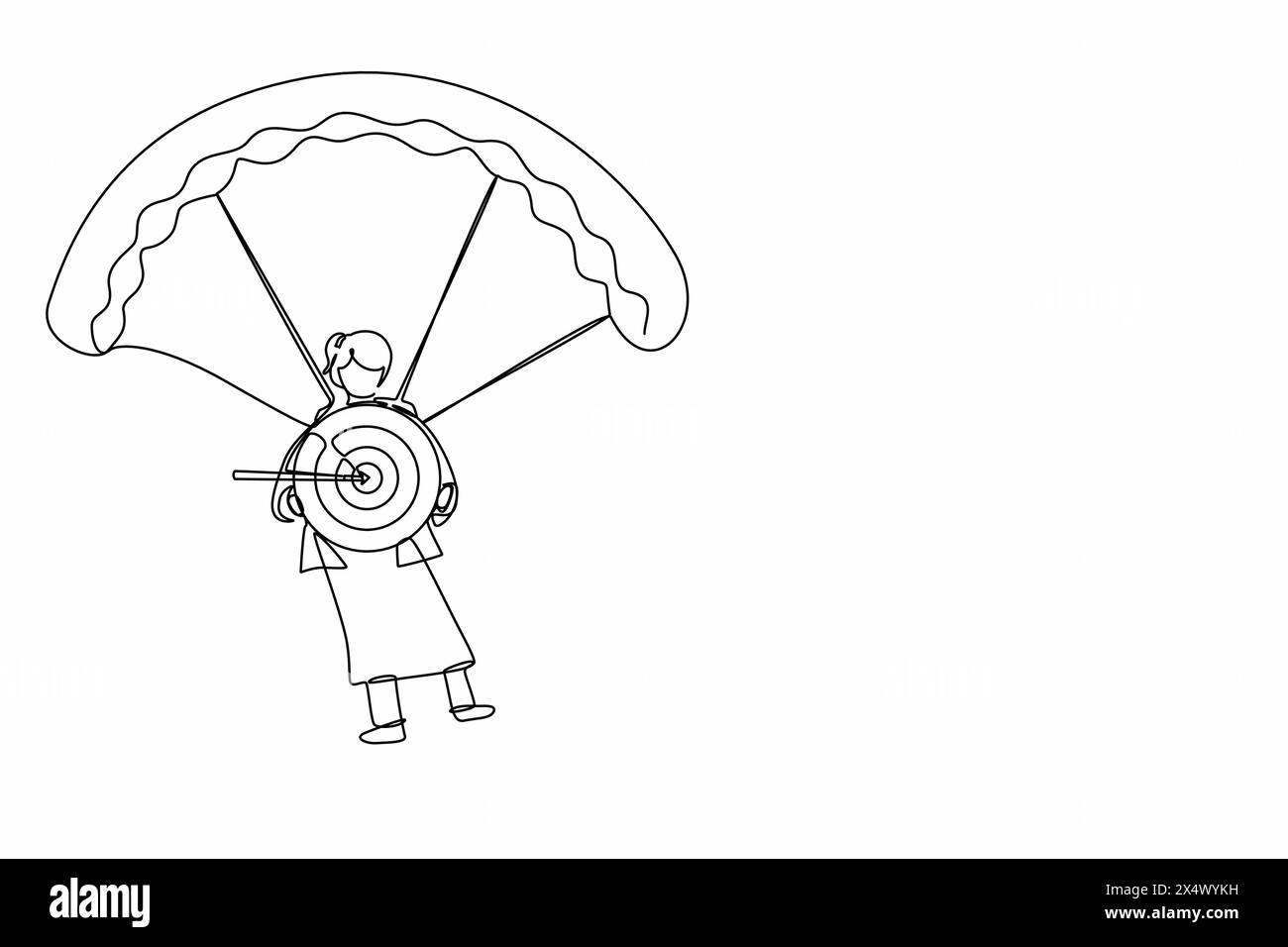 Linea singola continua che disegna una donna d'affari carina che tiene il bersaglio con la freccia nel busto e salta con il paracadute. Definizione degli obiettivi. Manager professionista Illustrazione Vettoriale