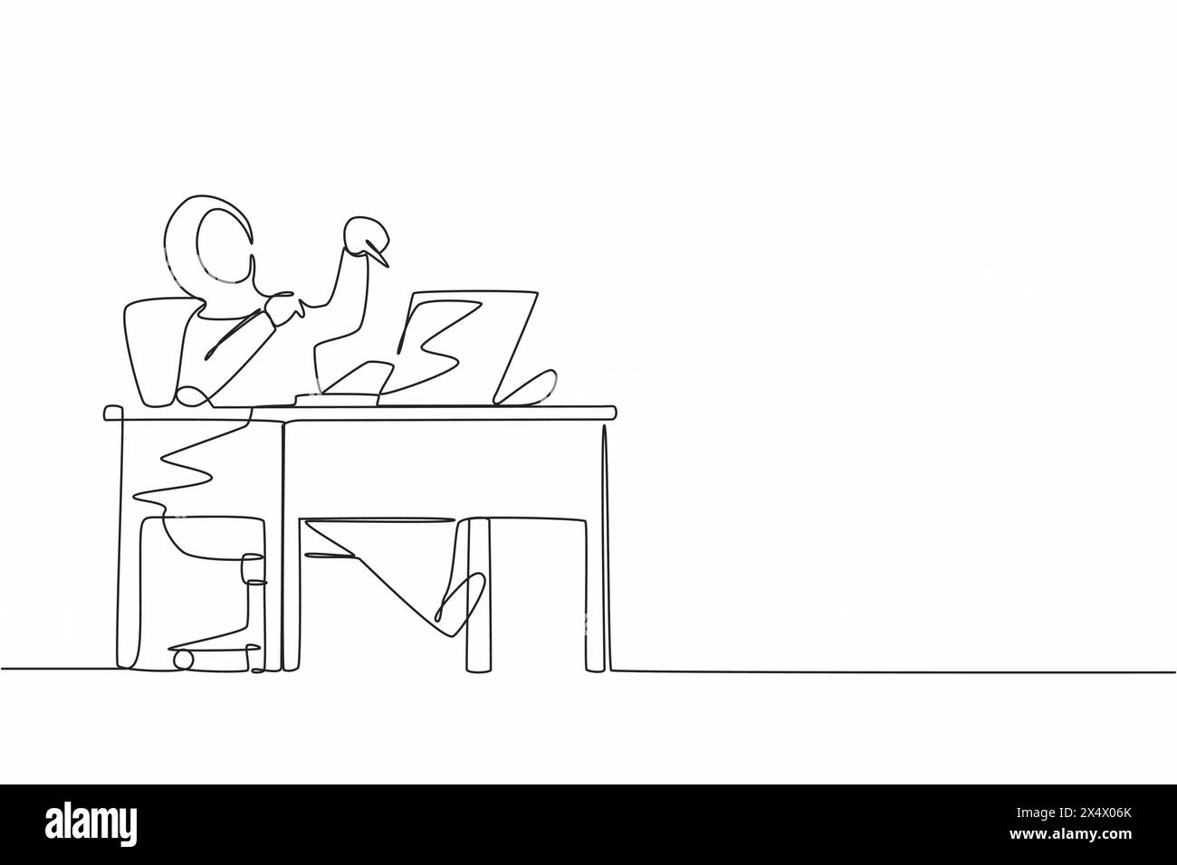 Una linea continua che disegna la direttrice di una donna araba ridendo ad alta voce mentre punta il dito verso il notebook. Felicità, successo d'affari, vittoria, leader, deve Illustrazione Vettoriale