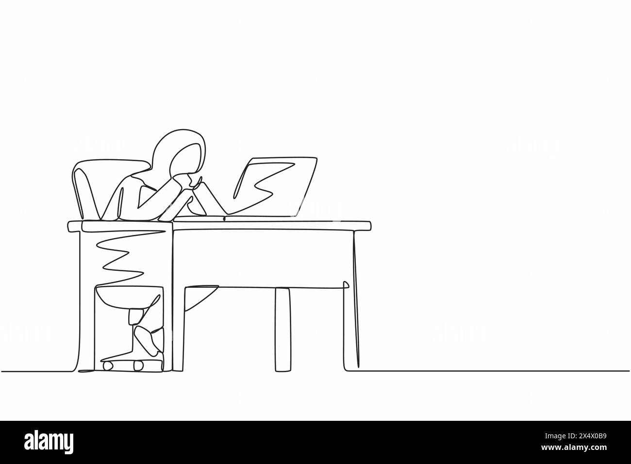 Una sola linea che attira una penosa donna d'affari araba che lavora al laptop. Donna frustrata in dubbio con il gesto della mano sul mento. Lavorare a casa. Rif Illustrazione Vettoriale