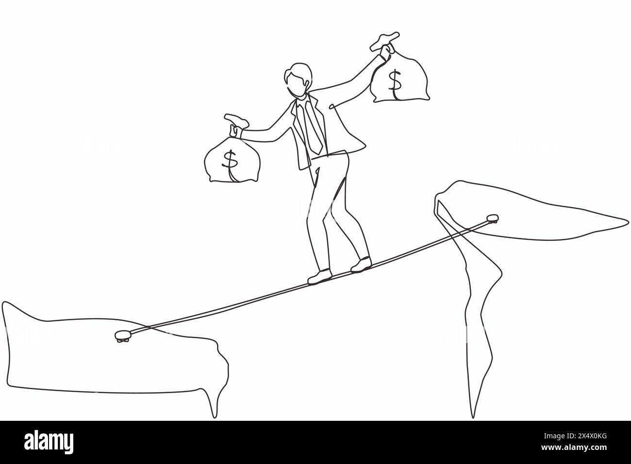 Un uomo d'affari che disegna una linea continua attraversa la montagna scogliera porta due sacchetti di denaro rischiando di essere pericoloso. Giovane equilibrio maschile su corda brid Illustrazione Vettoriale