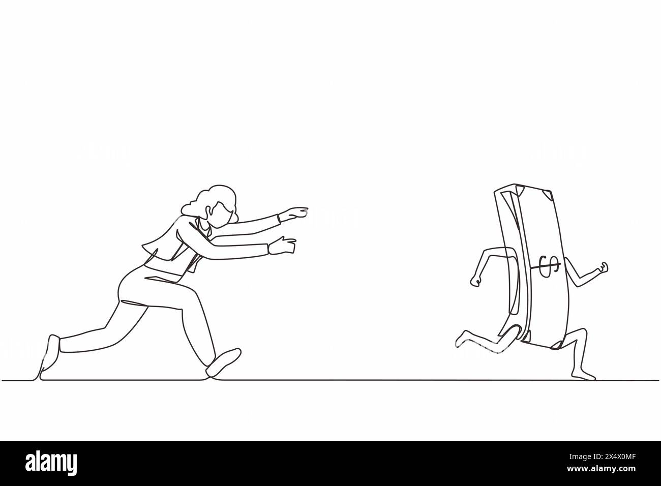 Una linea continua che attira una donna d'affari attiva o un manager che corre e insegue i soldi scappati. Concetto di ossessione per i soldi, impaziente, avida. S Illustrazione Vettoriale