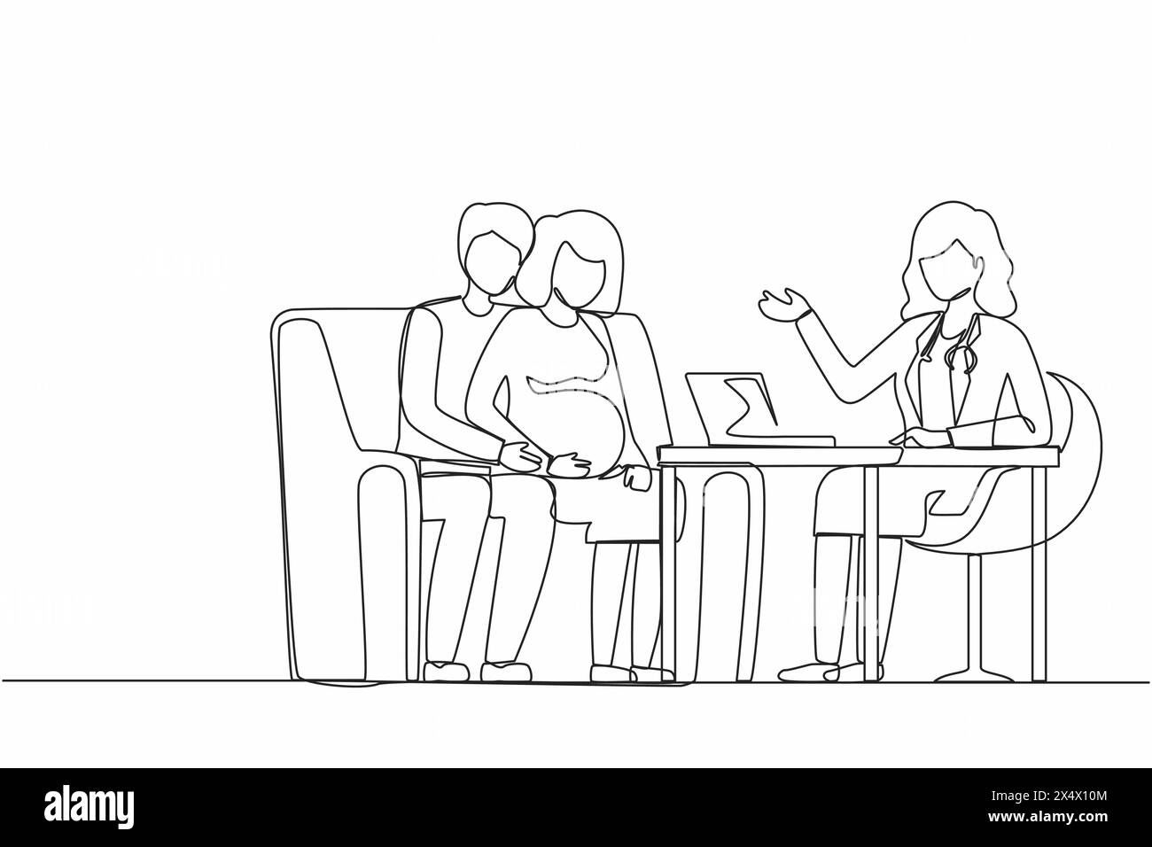 Una linea continua che disegna donne incinte visita un medico. Felice coppia persone in visita medica in ospedale, parlare con il medico. Gravidanza lui Illustrazione Vettoriale