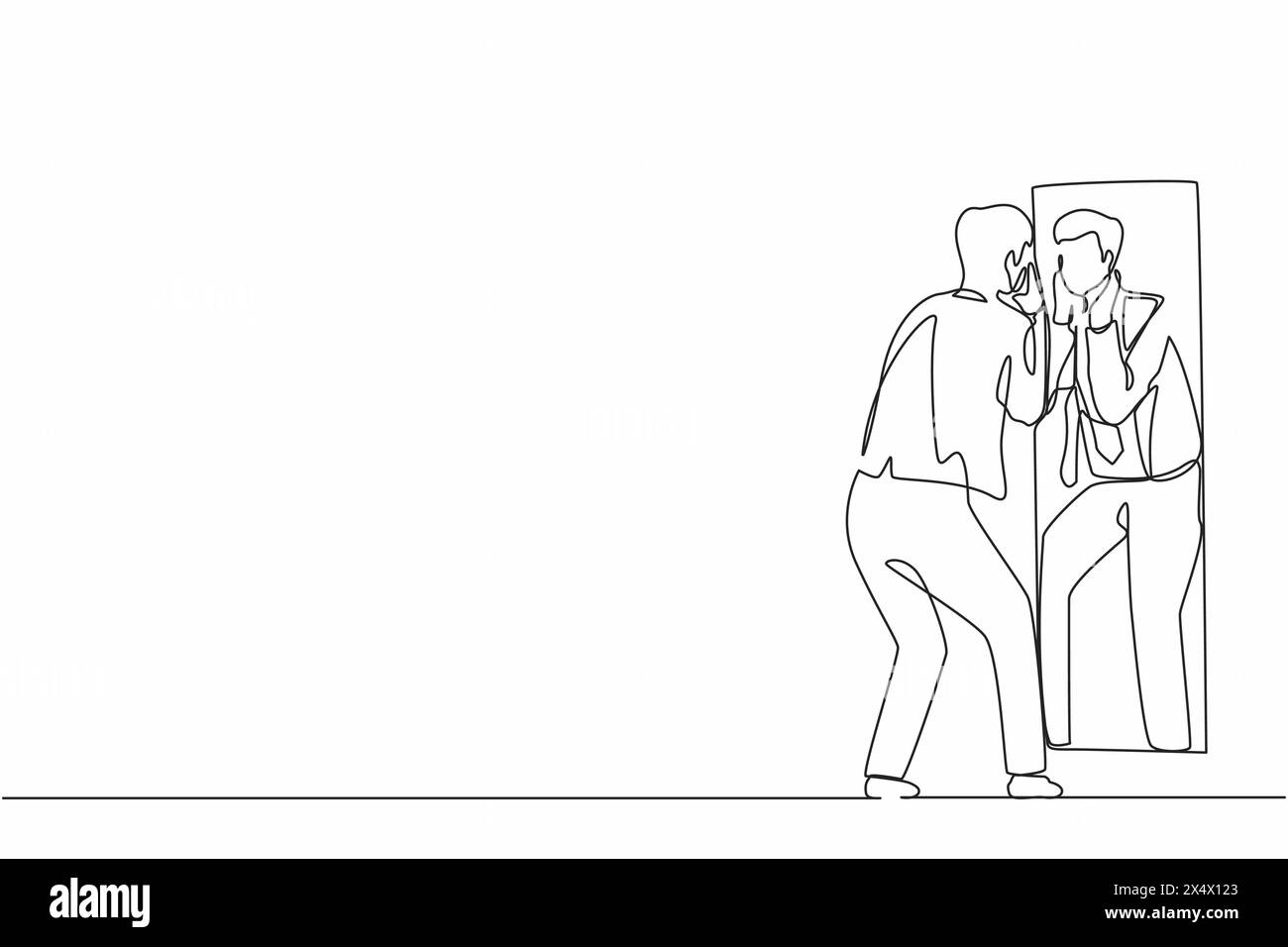 Un uomo d'affari che disegna una linea continua tenendo il viso sullo specchio riflettente. Uomo che applica lozione sulla barba corta dopo la rasatura o la rifinitura, guarda Illustrazione Vettoriale