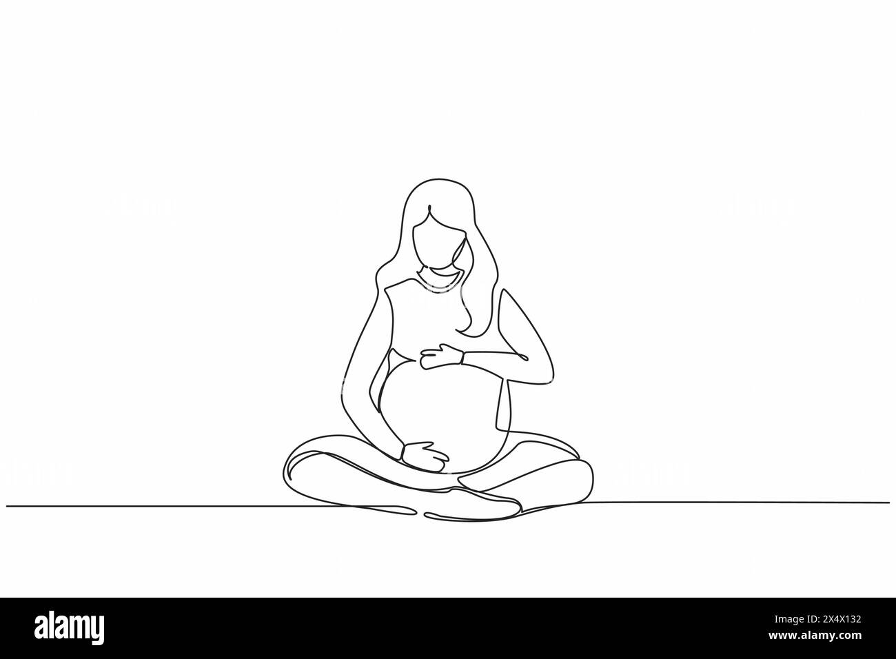 Una linea continua che disegna una giovane donna incinta felice seduta con le gambe incrociate a casa e guardando la sua pancia. La futura mamma si aspetta che il bambino si accarezzi Illustrazione Vettoriale