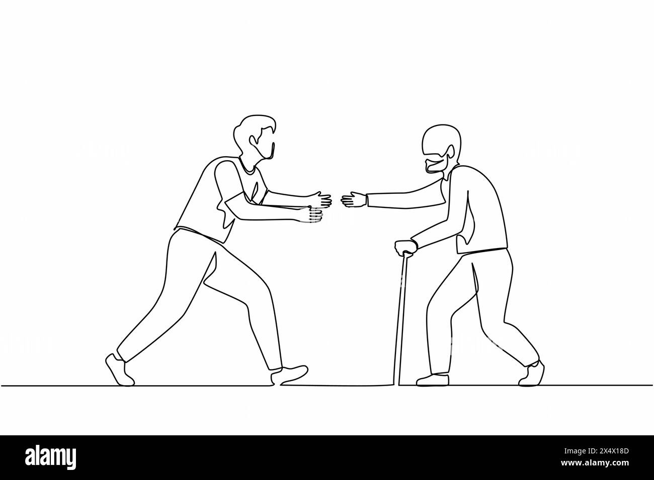 Una linea continua che disegna un uomo felice che corre per incontrare il nonno. Vacanza a casa dei nonni. Padre, uomo anziano, in pensione, d'estate, in vacanza. S Illustrazione Vettoriale