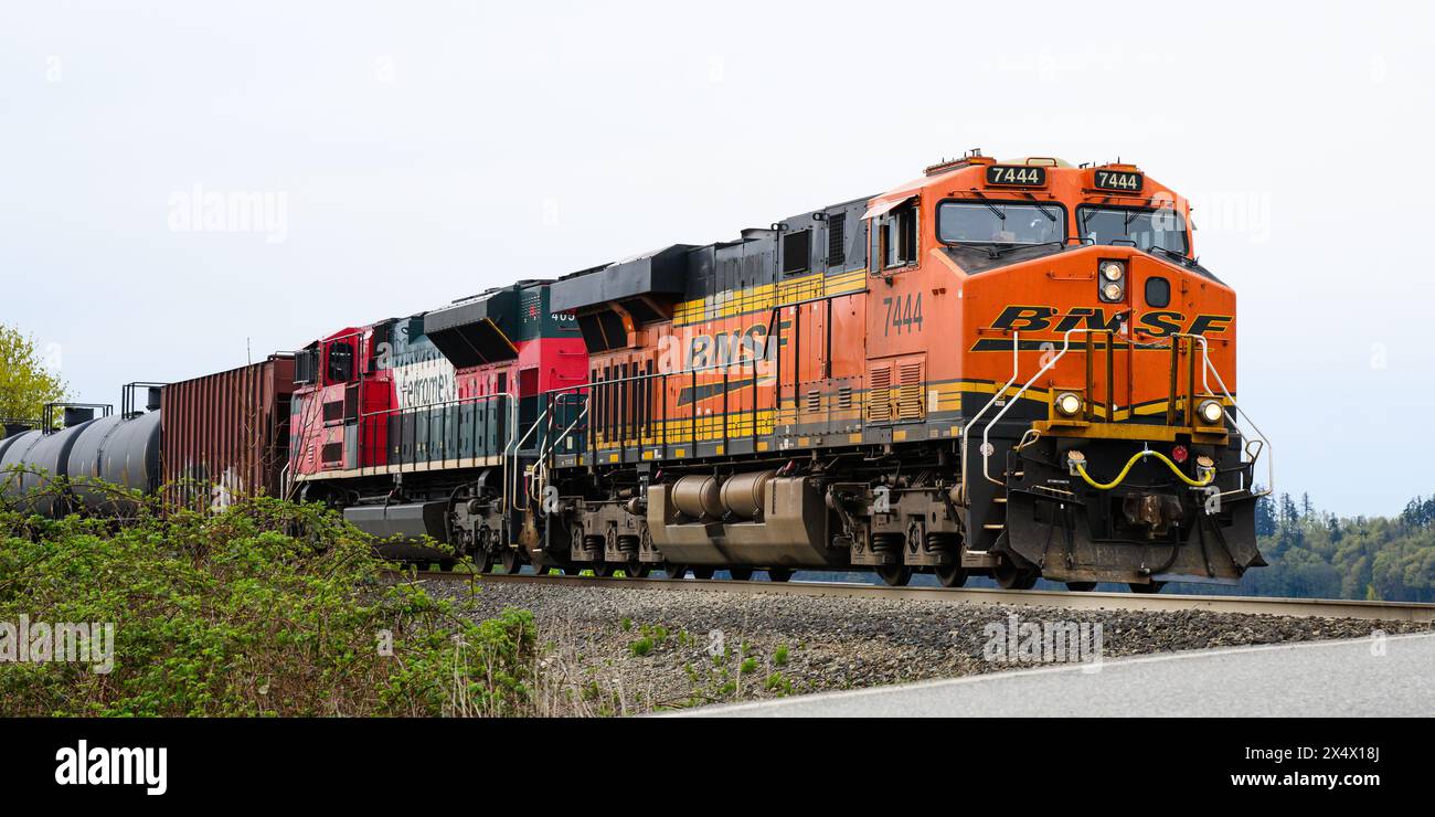 Stanwood, WA, Stati Uniti d'America - 10 aprile 2024; locomotiva merci BNSF con motore Ferromex in consistenza conduce il treno a olio vuoto Foto Stock