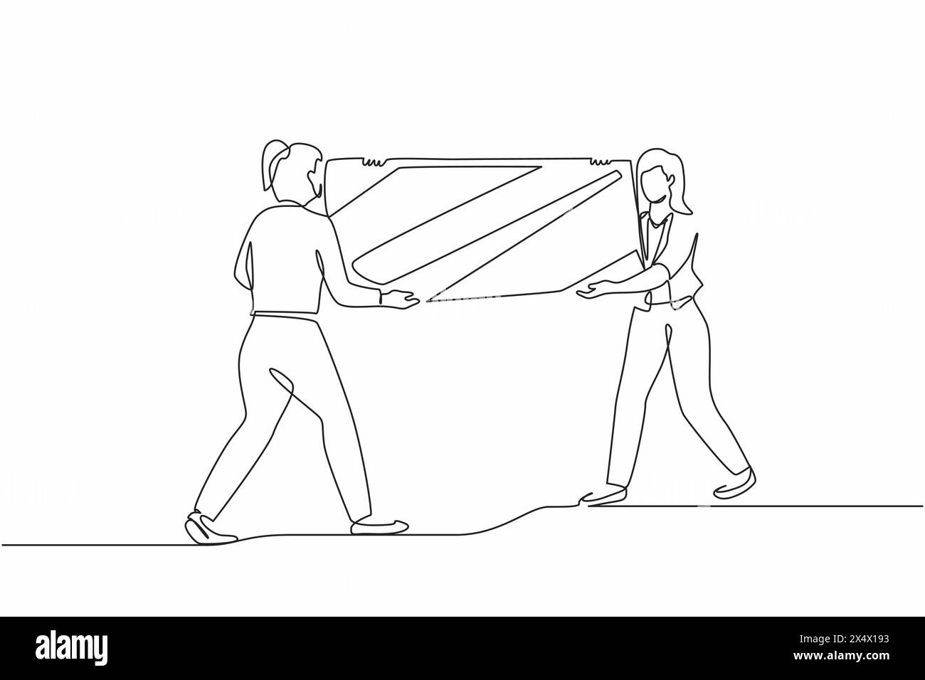 Disegno a linea continua di caricatori femmina con grande specchio nel nuovo ufficio. Due donne d'affari con mobili nella sala dell'edificio. Spostamento a nuovo apar Illustrazione Vettoriale