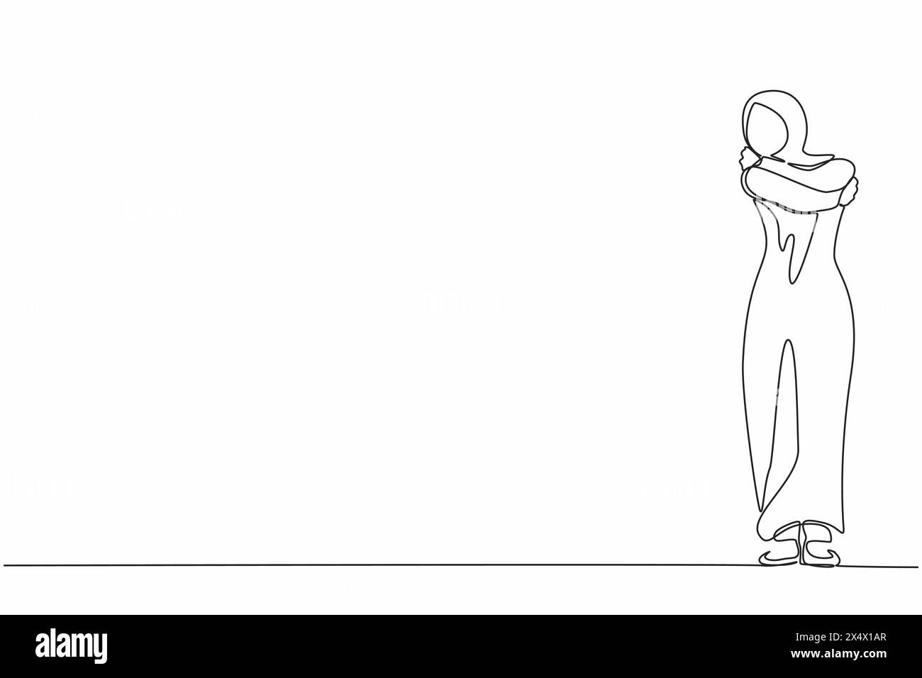 Disegno continuo su una sola linea, amati. Donna araba che si abbraccia, felice, positiva, sorridente. Bella donna che si abbraccia felice. L'amore di sé e.. Illustrazione Vettoriale