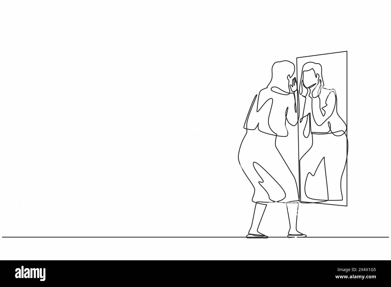 Una sola linea disegna una donna d'affari che tiene il viso sullo specchio riflettente. Donna che applica lozione sul viso dopo il bagno o si lava il viso, guardando Illustrazione Vettoriale