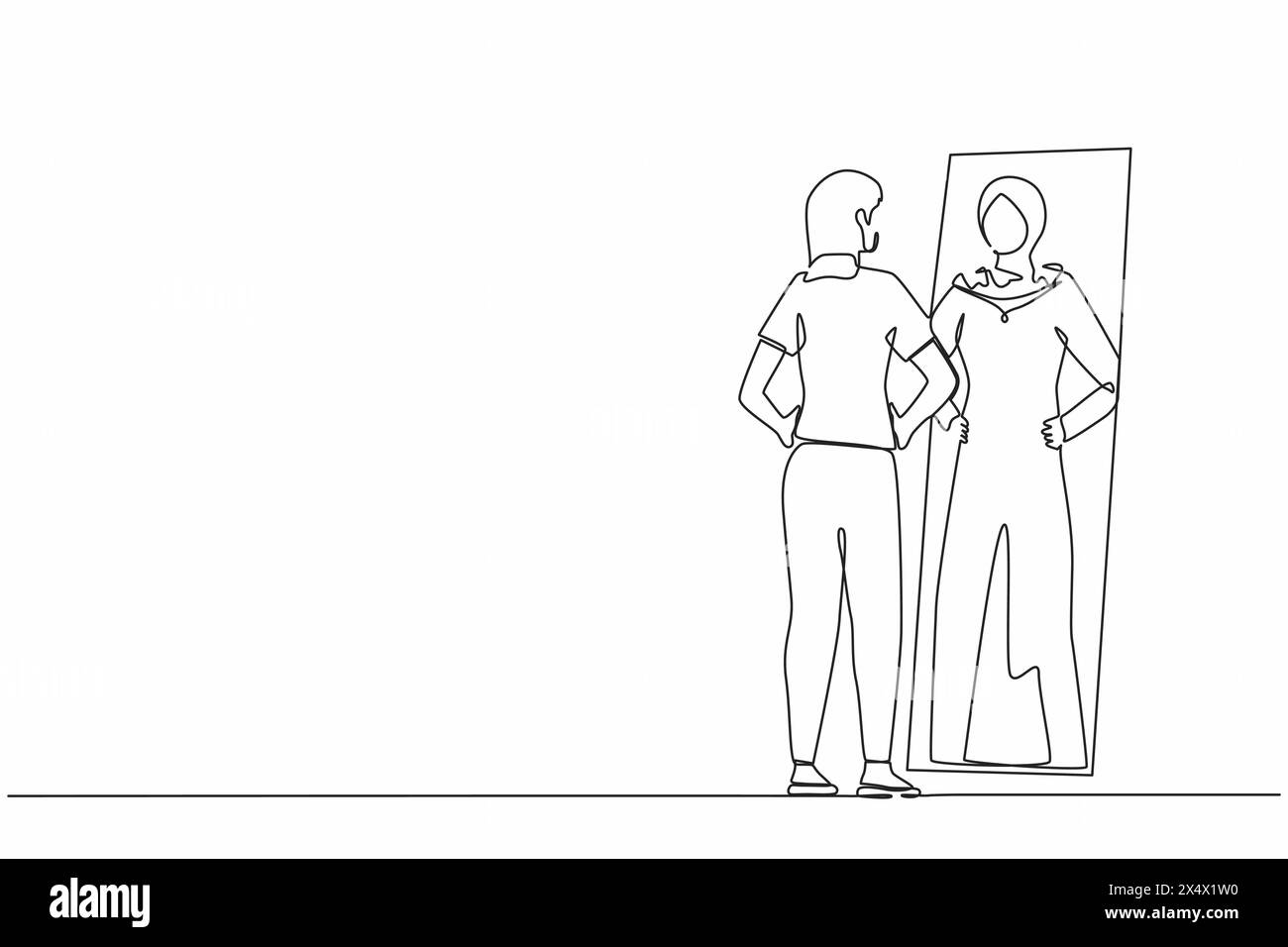 Linea singola continua che disegna una donna d'affari araba che guarda riflessi allo specchio e vede un supereroe in piedi. Leadership, ambizione e auto-confidenza Illustrazione Vettoriale